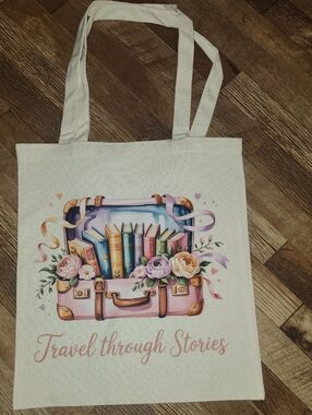 Travel Through Stories Canvas Tote Bag - Pink Accents. 13x15